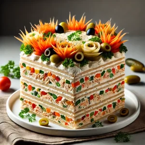 فینگرفود کیک مرغ با لایههای نان تست و مرغ، برشخورده به صورت مربعی و تزئین شده با سبزیجات رنگارنگ، روی ظرف سرو.