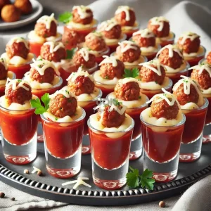فینگرفود شات میت بال با گوشت قلقلی سرو شده در لیوان شات با سس گوجهفرنگی.