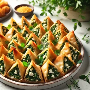 صویر فینگرفود اسپانا کوبیتا با پوستهای طلایی و ترد، پر شده با ترکیب اسفناج و پنیر فتا، که به صورت مثلثی سرو شده و با سبزیجات تازه تزئین شده است.