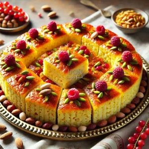 فینگرفود تهچین مرغ با برشهای مربعی و تزئین شده با زرشک و خلال پسته و بادام، روی ظرف سرو.