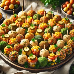 تصویر فینگرفود تکنیوس با توپهای کوچک از مخلوط سیبزمینی، هویج، ذرت و خیارشور، که با جعفری تزئین شده و با خلال دندان برای سرو آماده شدهاند.